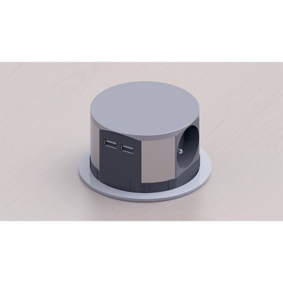 Solight výsuvný blok zásuvek, 3 zásuvky, 2x USB, kruhový tvar nízký,  prodlužovací přívod 2m, 3 x 1mm2, stříbrný - foto č. 4