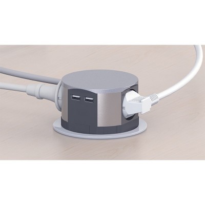 Solight výsuvný blok zásuvek, 3 zásuvky, 2x USB, kruhový tvar nízký,  prodlužovací přívod 2m, 3 x 1mm2, stříbrný - foto č. 5