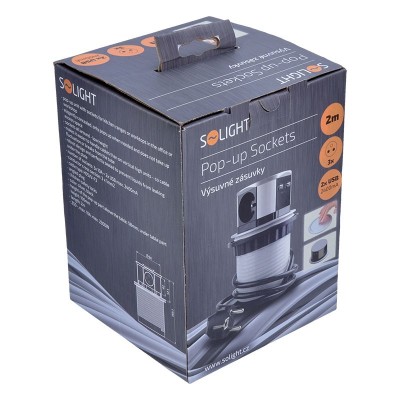 Solight výsuvný blok zásuvek, 3 zásuvky, 2x USB, kruhový tvar nízký,  prodlužovací přívod 2m, 3 x 1mm2, stříbrný - foto č. 6