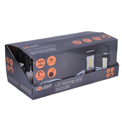 Solight LED svítilna pracovní, 120+40lm, 3W COB + 3 SMD LED, hák + magnet, 3 x AAA - foto č. 3
