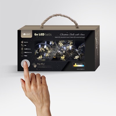 Solight sada LED vánočních koulí s hvězdami, vel. 8cm, 6ks, 30LED,časovač, tester, 3xAA - foto č. 3